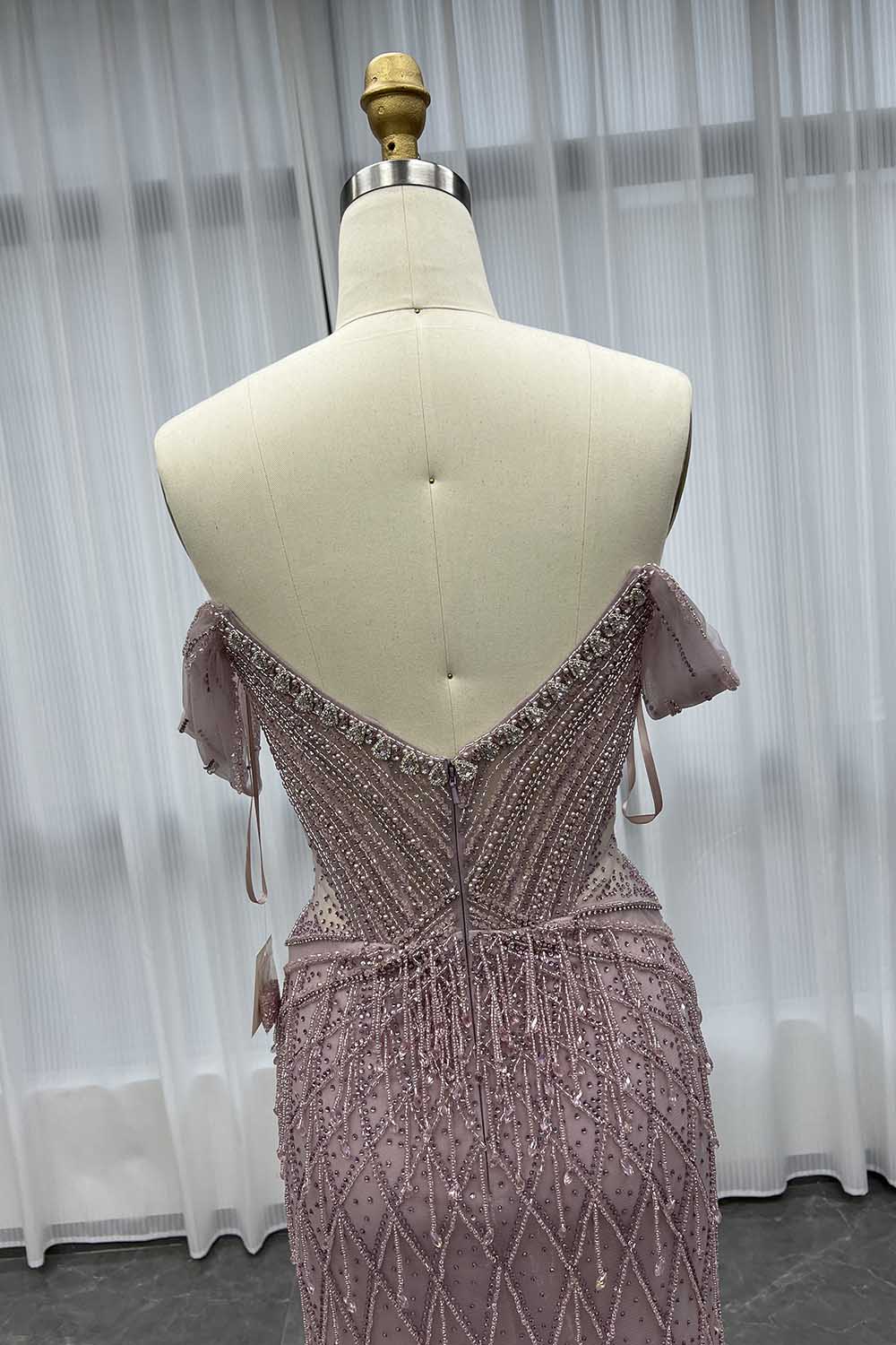 YQLNNE 062 Pink Off Shoulder Evening Dress Long Crystals Beaded Evening Gown