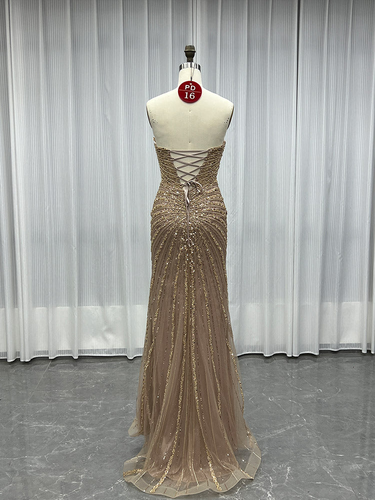 YQLNNE PD016 Mocha Sequins Long Prom Dresses Off Shoulder Evening Gown Mermaid