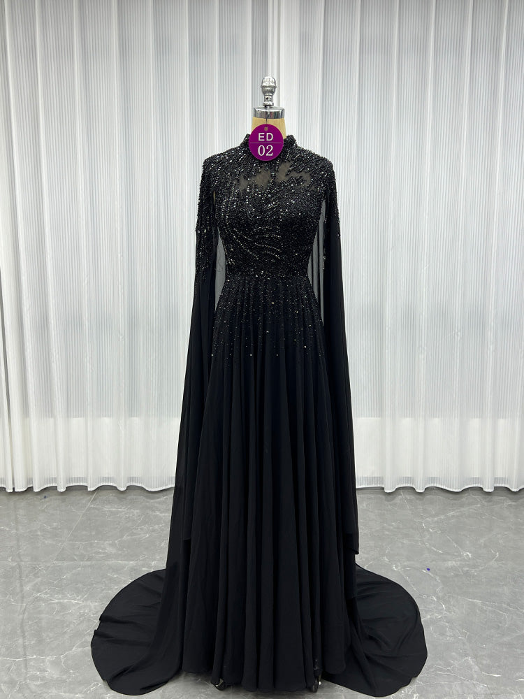 YQLNNE ED02 Black Dubai Handmade Crystal Beaded Chiffon Evening Dress
