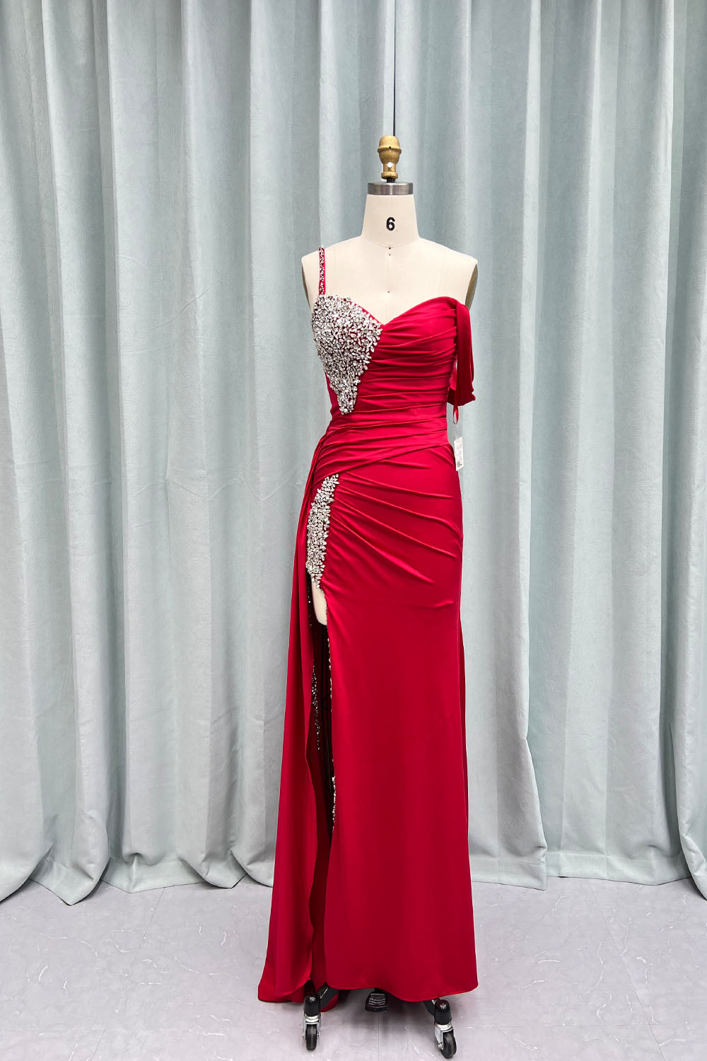 Red High Slit Crystals Long Prom Dresses One Shoulder Evening Gown