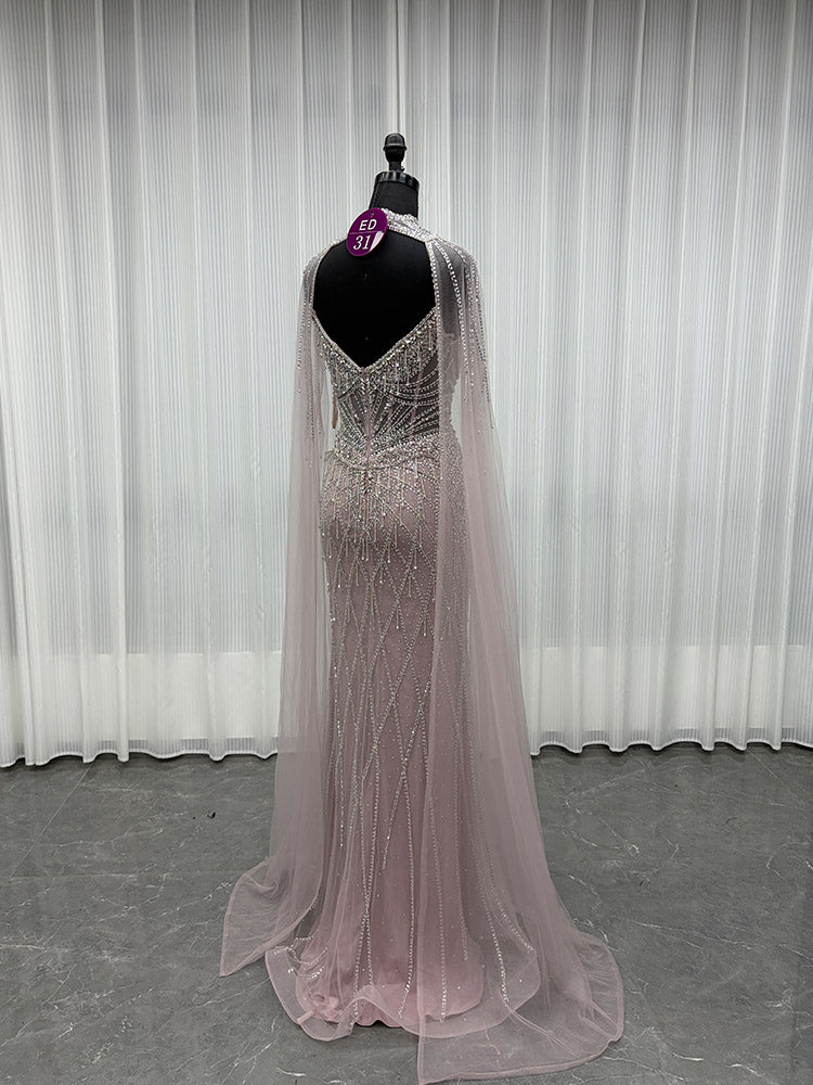 YQLNNE ED031 Gold Crystals Beaded Evening Dress With Shawl