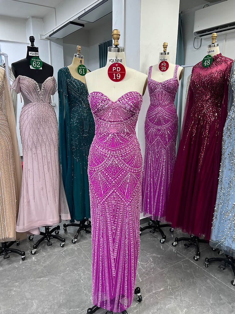 YQLNNE PD019 Fuchsia Strapless Beadings Mermaid Prom Dress Lace-up