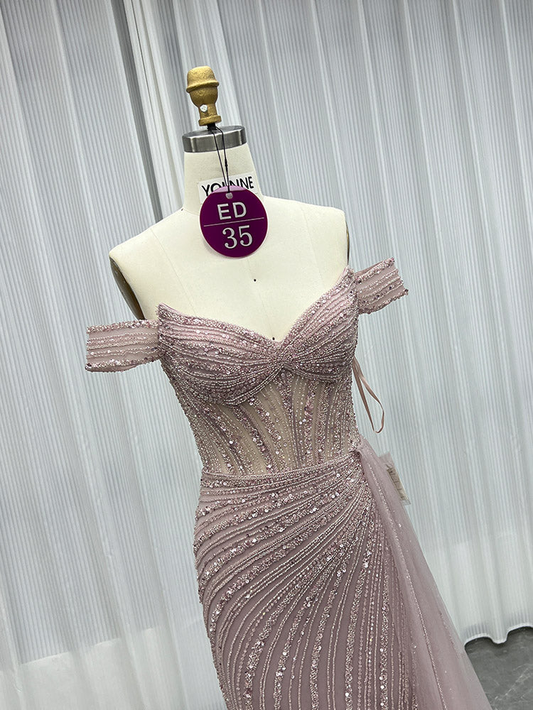 YQLNNE ED035 Pink Off Shoulder Crystals Evening Dress Mermaid With Detachable Train