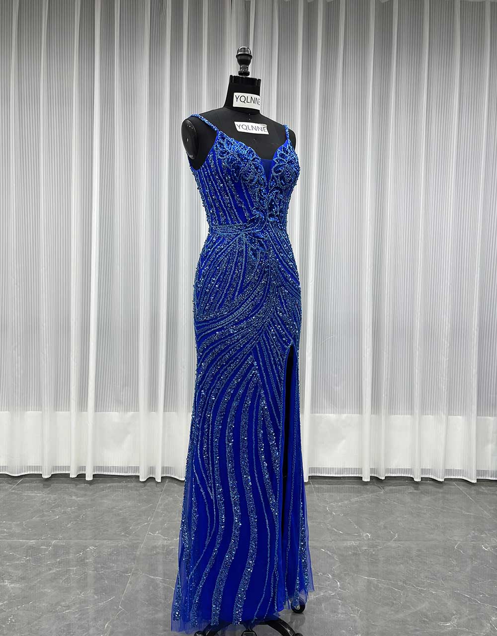YQLNNE 032 Black Handmade Crystals Beaded Evening Dress Royal Blue