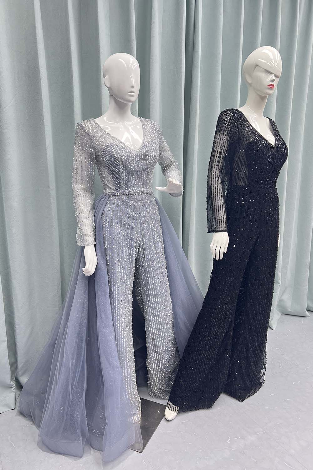 Black Full Sleeves Jumpsuit Beading Evening Party Gown With Removable Train