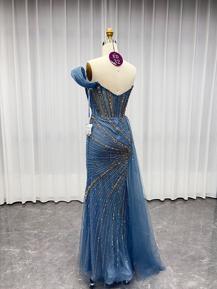 YQLNNE ED032 Luxury Gold One Shoulder Rhinestones Evening Dresses Rhinestones Mermaid Detachable Train