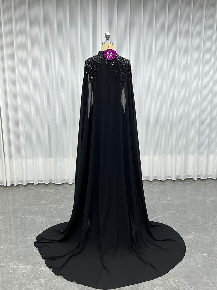 YQLNNE ED02 Black High Collar Chiffon Aline Evening Dress With Handmade Crystals Beaded