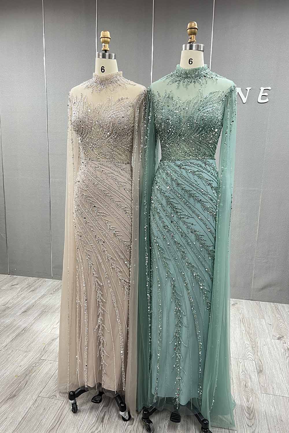 YQLNNE 049 Nude Handmade Beaded Evening Dress With Cape Sleeves