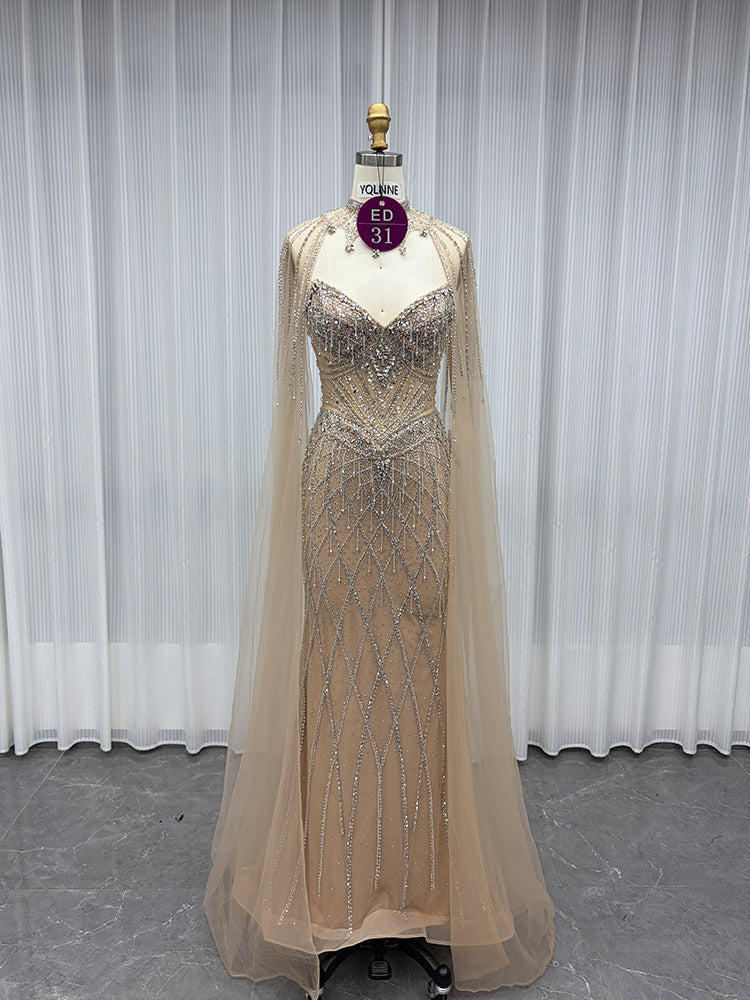 YQLNNE ED031 Gold Crystals Beaded Evening Dress With Shawl