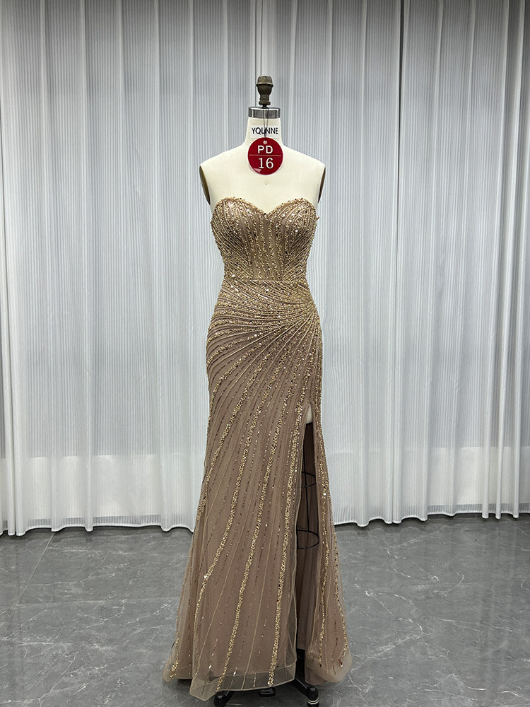 YQLNNE PD016 Mocha Sequins Long Prom Dresses Off Shoulder Evening Gown Mermaid