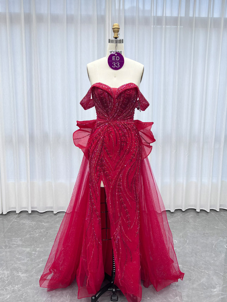 YQLNNE ED033 Classic Off Shoulder Crystals Red Evening Dress With Slit