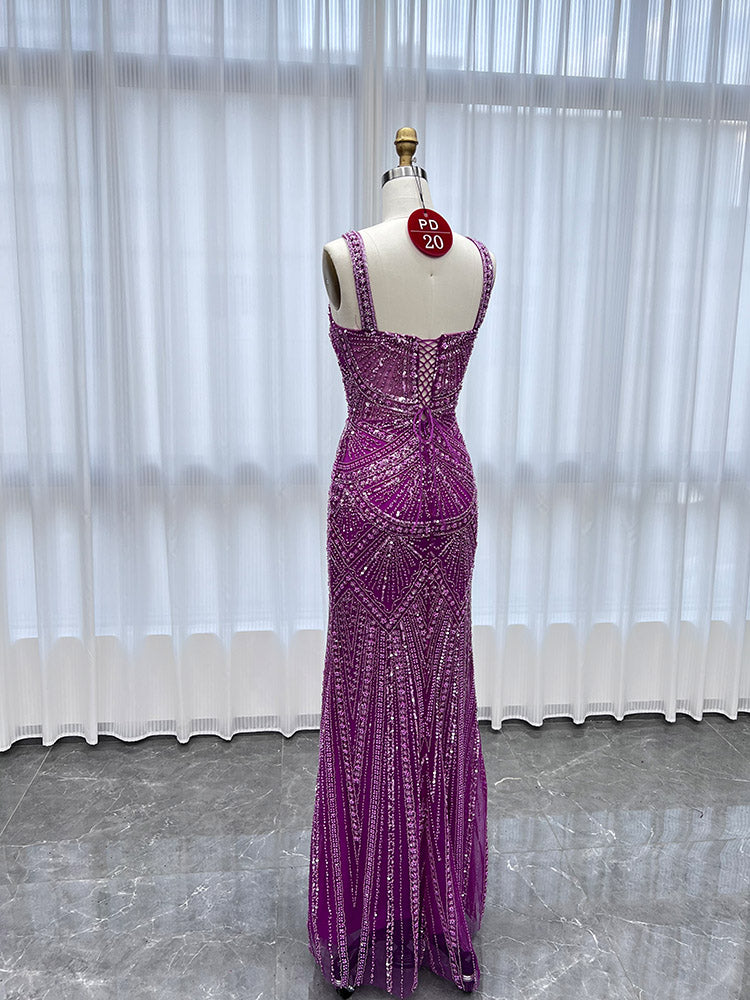 YQLNNE PD020 Fuchsia Spaghetti Crystals Embroidered Long Evening Dress Mermaid