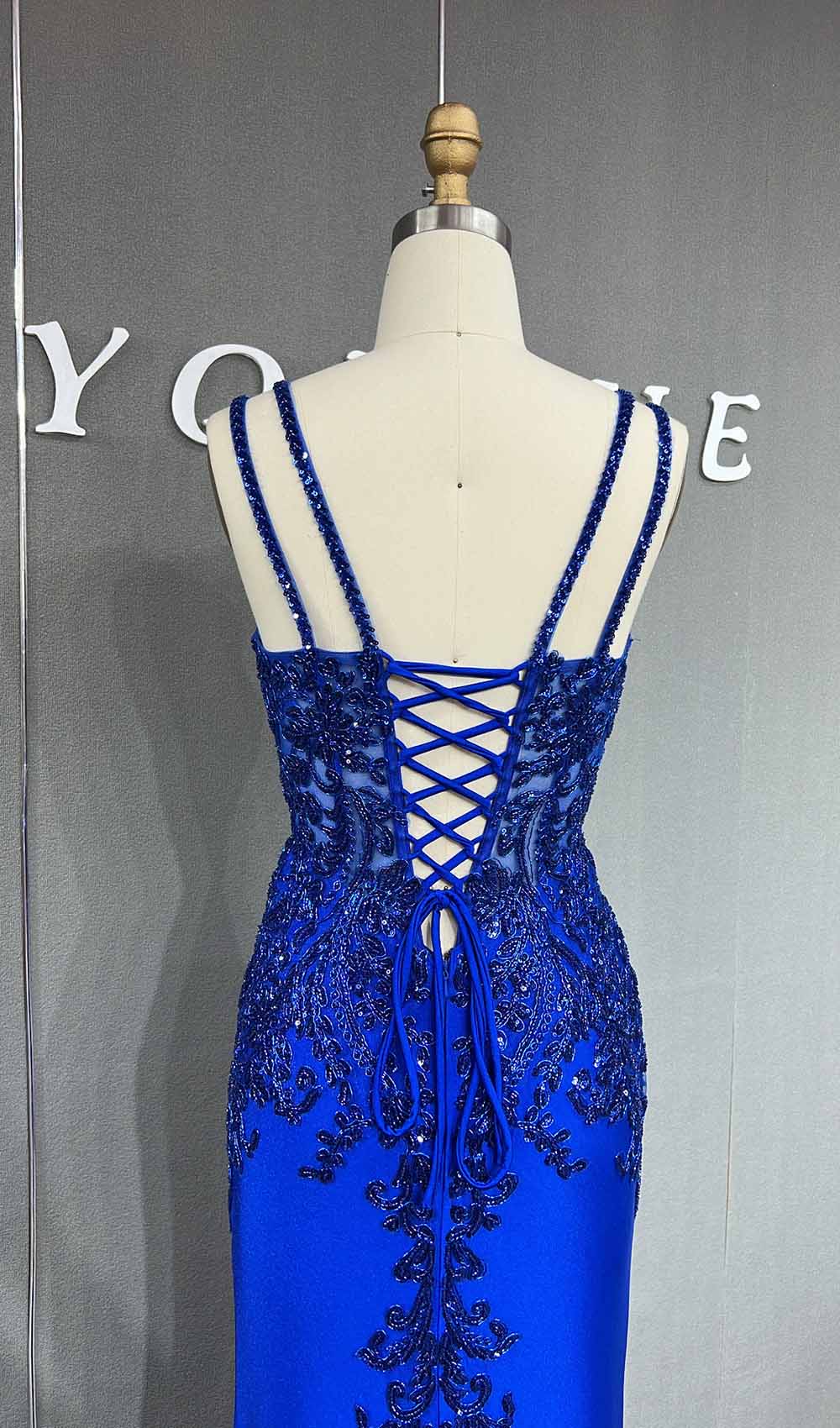 YQLNNE Royal Blue High Slit Beading Prom Dresses Long Spaghetti Sequined Spandex Mermaid Evening Gown Lace-up