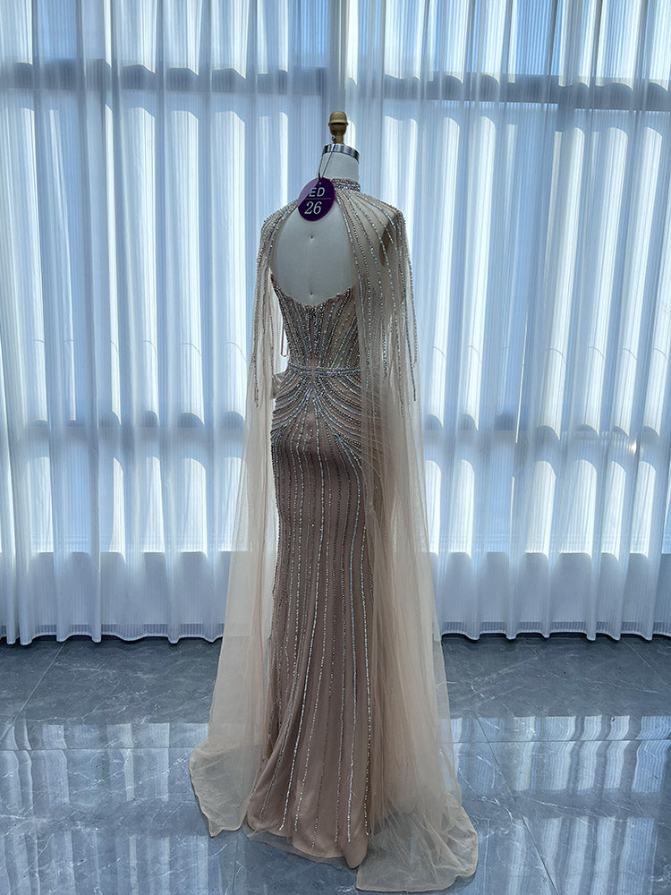YQLNNE ED026 Gold Rhinestones Mermaid Evening Dress With Shawl