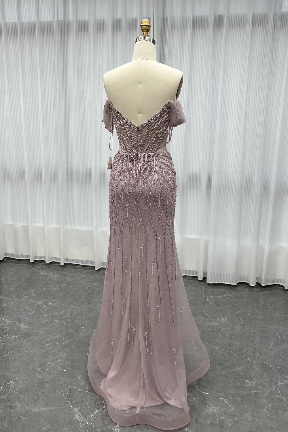 YQLNNE 062 Pink Off Shoulder Evening Dress Long Crystals Beaded Evening Gown