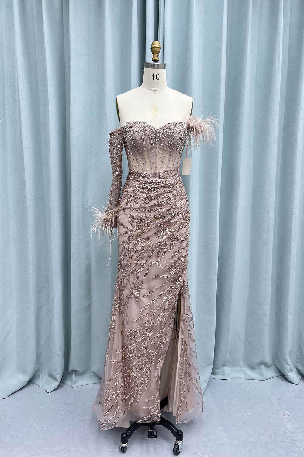 YQLNNE Rose Gold Feathers Evening Gown Long Sleeves Mermaid Formal Dresses