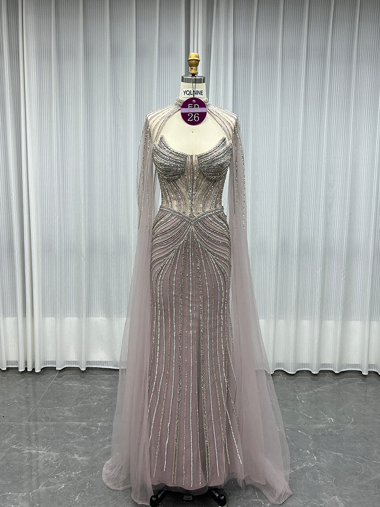 YQLNNE ED026 Silver Crystals Long Evening Dress Mermaid With Shawl