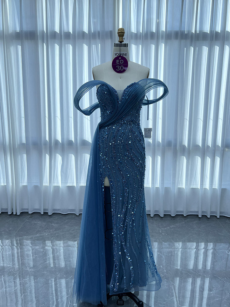 YQLNNE ED030 Gold Off Shoulder Handmade Beaded Evening Dress Mermaid