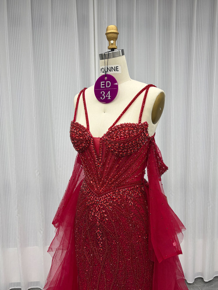 YQLNNE ED034 Red Rhinestones Mermaid Evening Dress Party Gown