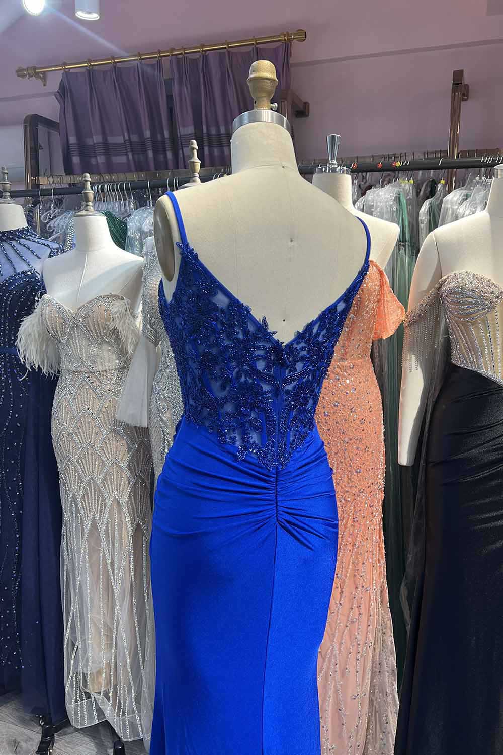 Royal Blue Long Prom Dresses Mermaid Beading Evening Gown