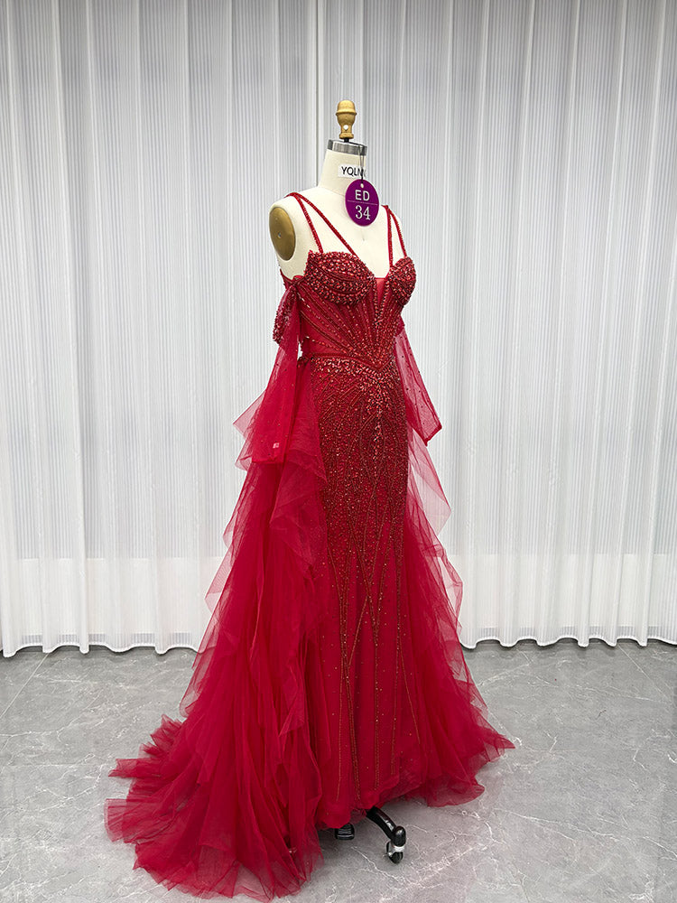 YQLNNE ED034 Red Rhinestones Mermaid Evening Dress Party Gown