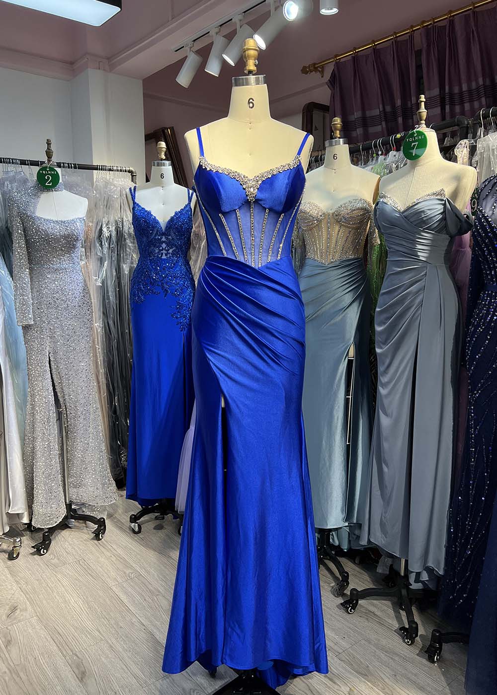 YQLNNE Royal Blue Rhinestones Long Slit Prom Dresses Satin Mermaid Beaded Formal Evening Party Gown