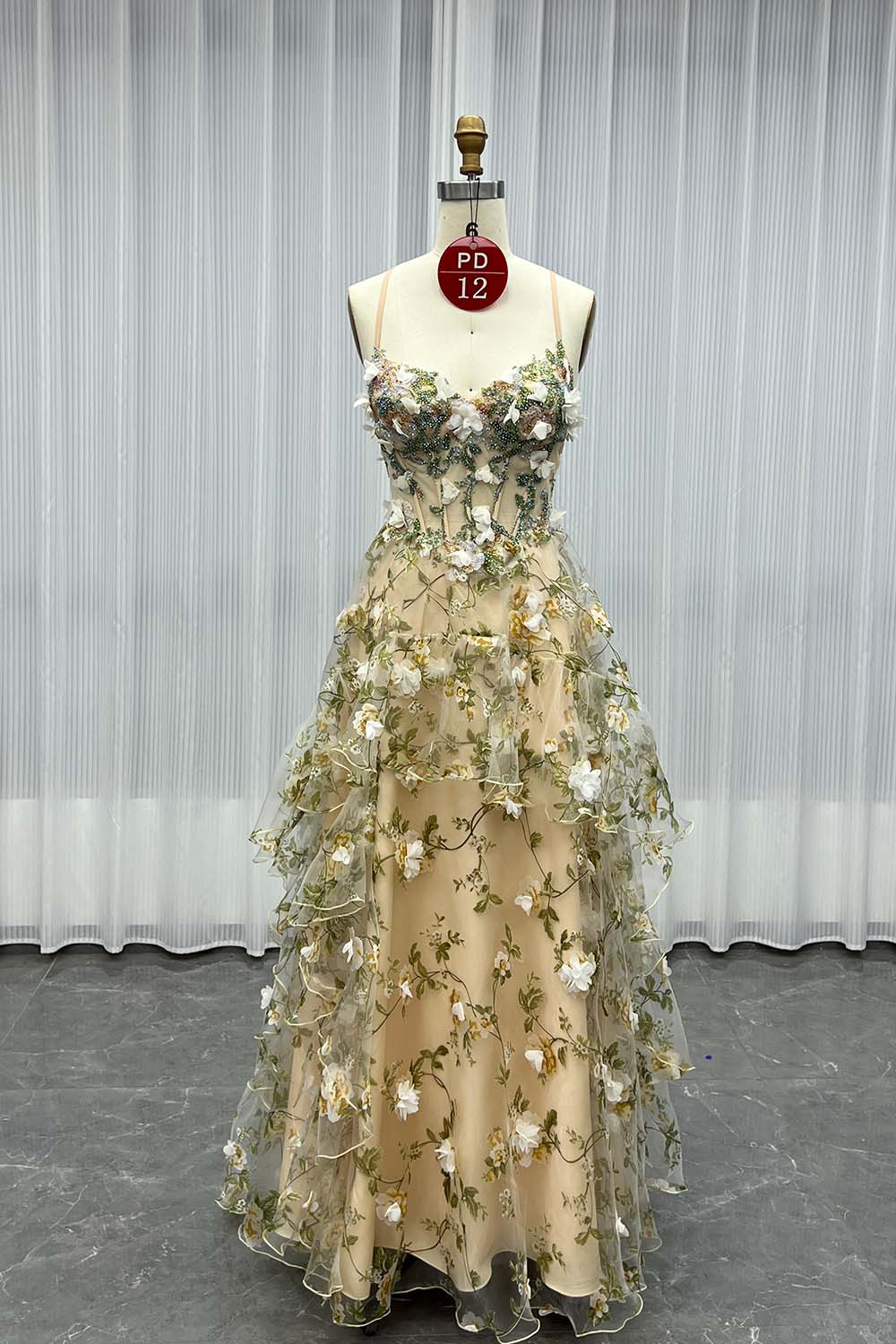 YQLNNE PD012 Printed Flowers Long Slit Princess Prom Dress