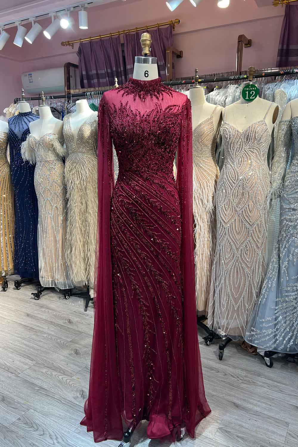 YQLNNE 049 Nude Handmade Beaded Evening Dress With Cape Sleeves