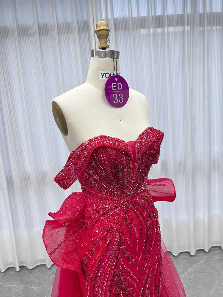 YQLNNE ED033 Classic Off Shoulder Crystals Red Evening Dress With Slit