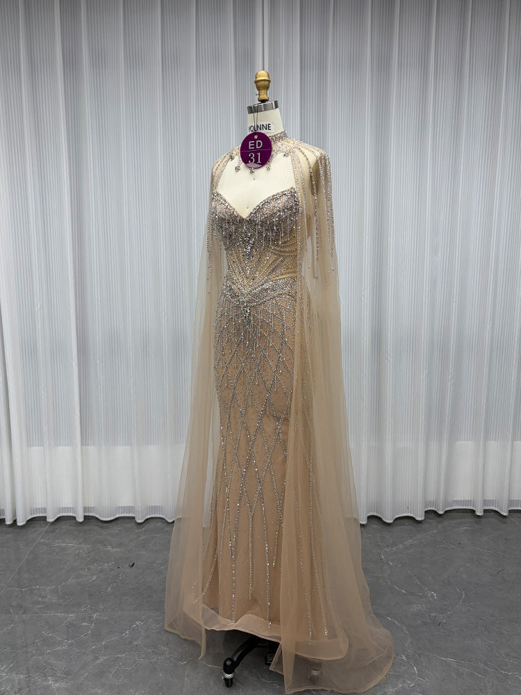 YQLNNE ED031 Gold Crystals Beaded Evening Dress With Shawl