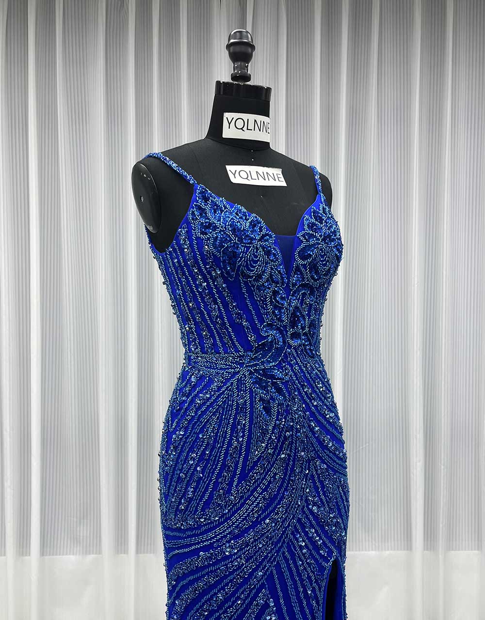 YQLNNE 032 Black Handmade Crystals Beaded Evening Dress Royal Blue