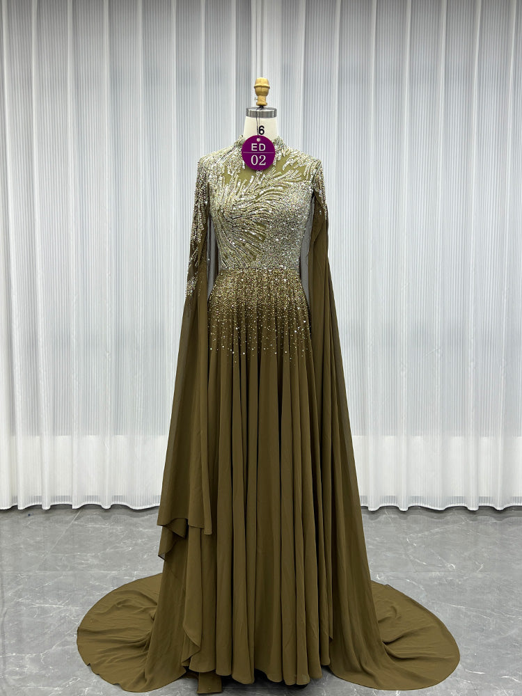 YQLNNE ED02 Black High Collar Chiffon Aline Evening Dress With Handmade Crystals Beaded