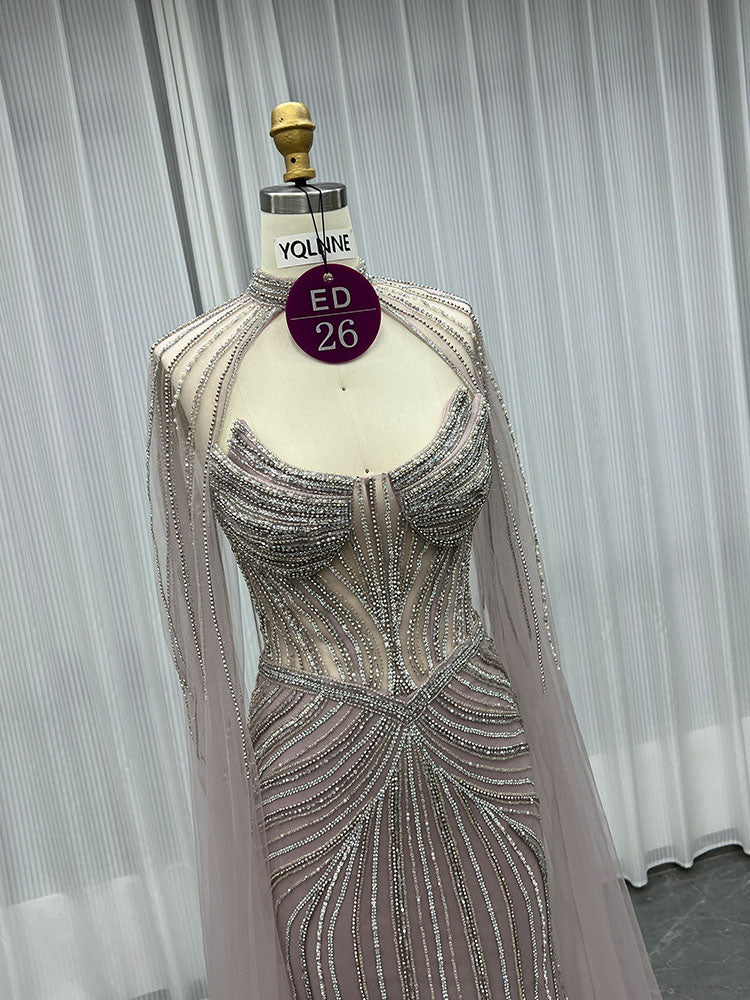 YQLNNE ED026 Silver Crystals Long Evening Dress Mermaid With Shawl