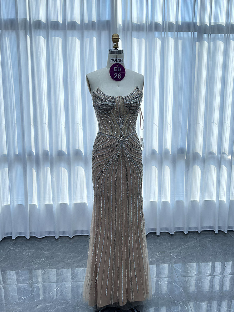 YQLNNE ED026 Gold Rhinestones Mermaid Evening Dress With Shawl