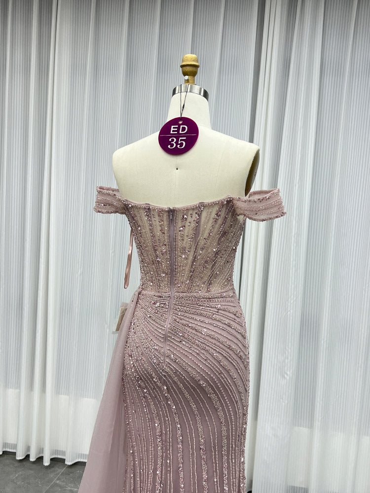 YQLNNE ED035 Pink Off Shoulder Crystals Evening Dress Mermaid With Detachable Train