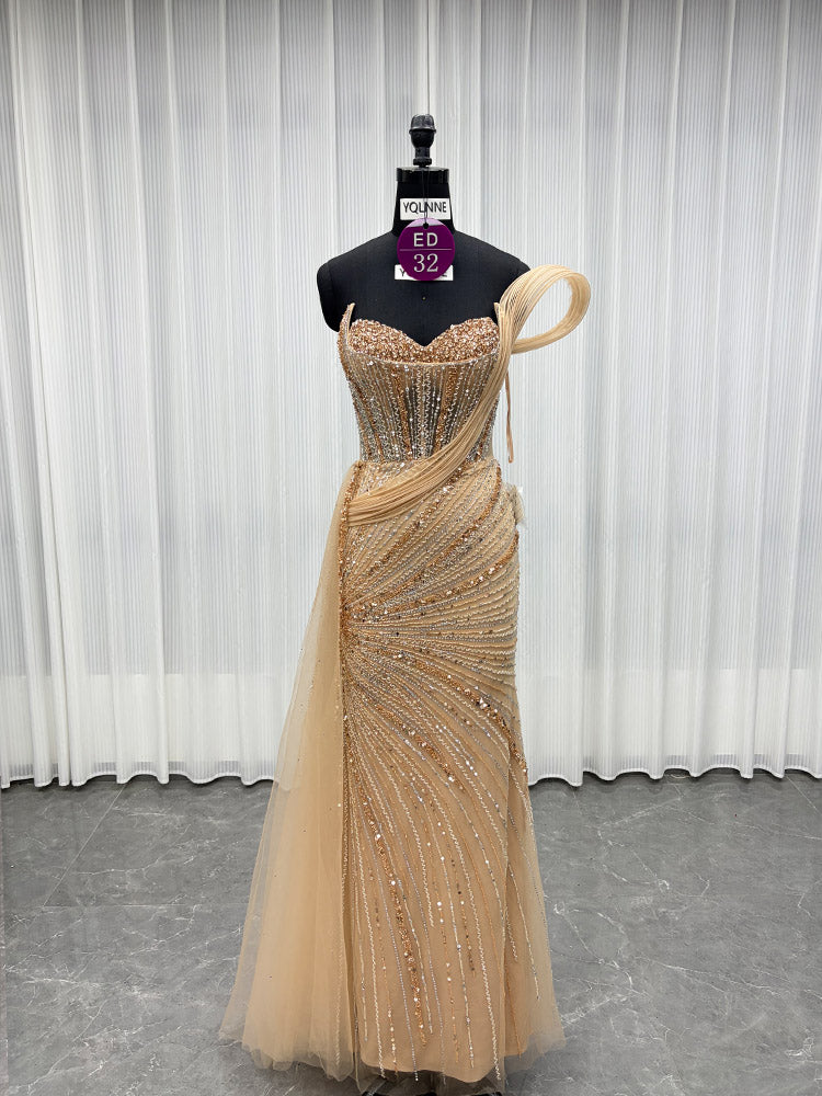 YQLNNE ED032 Luxury Gold One Shoulder Rhinestones Evening Dresses Rhinestones Mermaid Detachable Train
