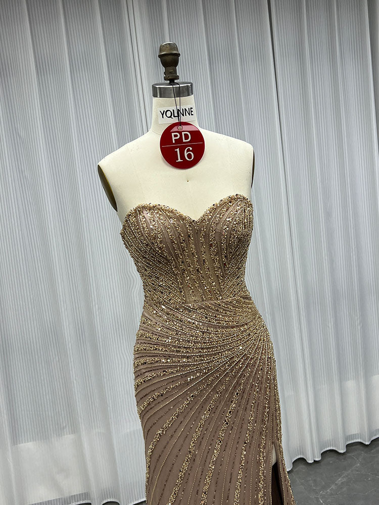 YQLNNE PD016 Mocha Sequins Long Prom Dresses Off Shoulder Evening Gown Mermaid