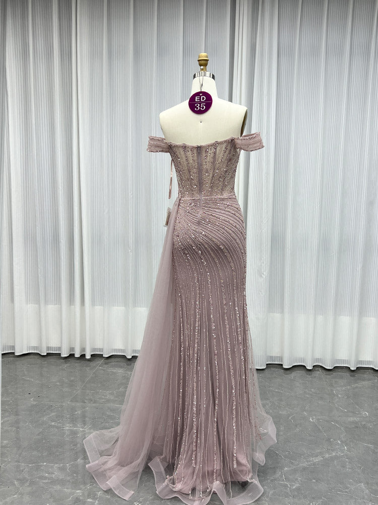 YQLNNE ED035 Pink Off Shoulder Crystals Evening Dress Mermaid With Detachable Train