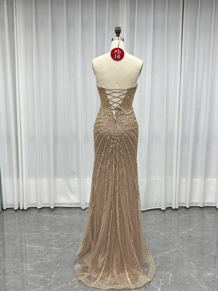 YQLNNE PD016 Mocha Sequins Long Prom Dresses Off Shoulder Evening Gown Mermaid