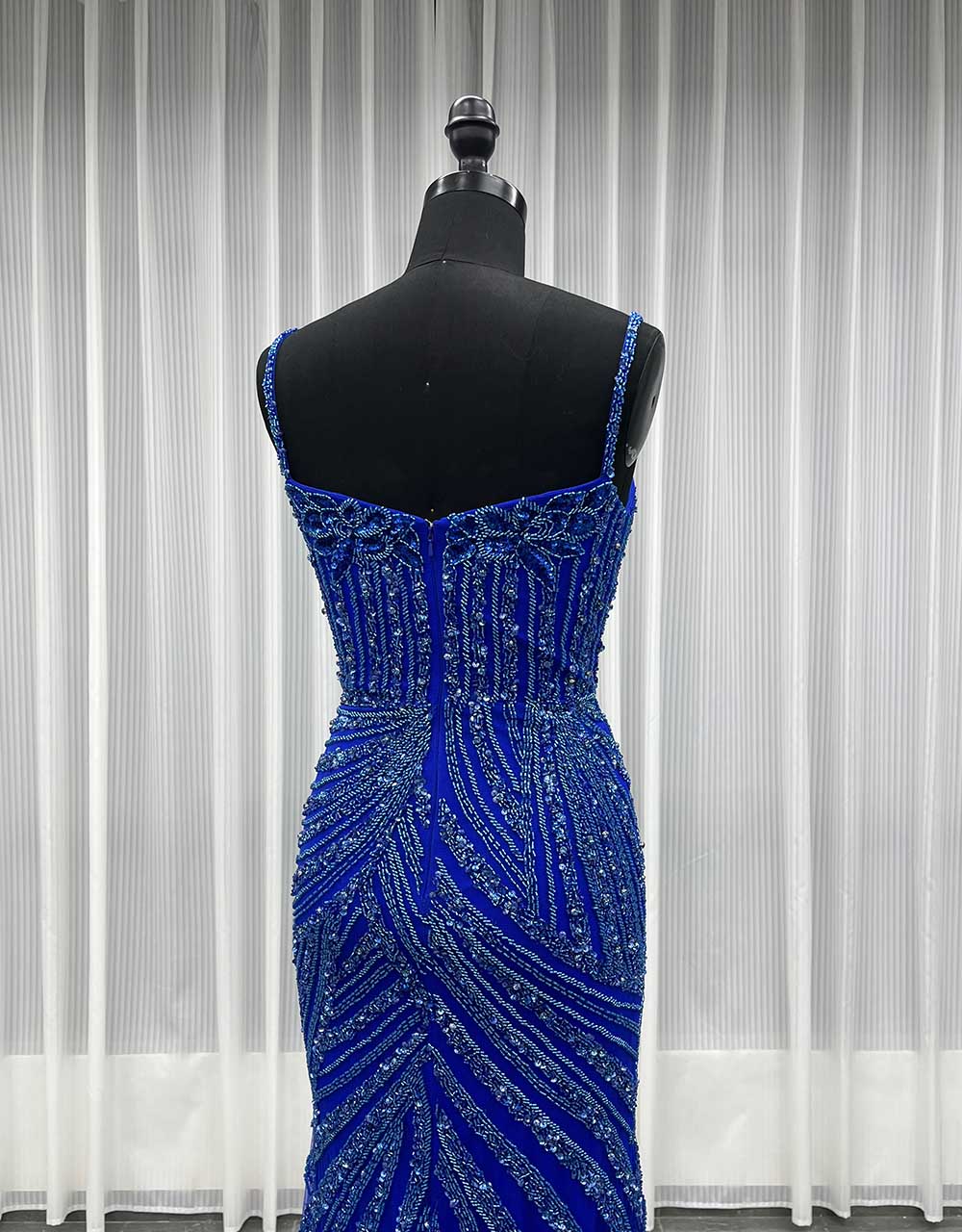 YQLNNE 032 Black Handmade Crystals Beaded Evening Dress Royal Blue