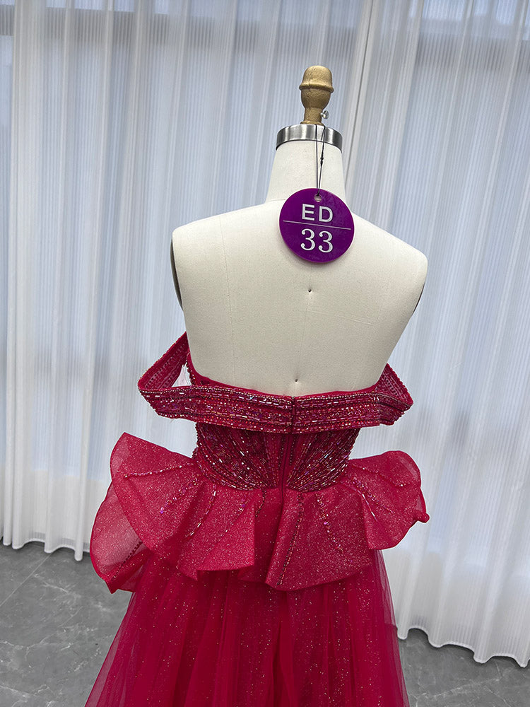 YQLNNE ED033 Classic Off Shoulder Crystals Red Evening Dress With Slit