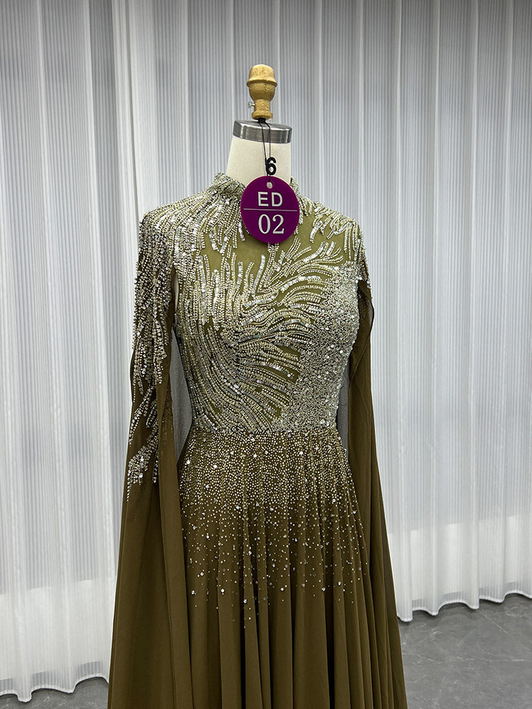 YQLNNE ED02 Black Dubai Handmade Crystal Beaded Chiffon Evening Dress