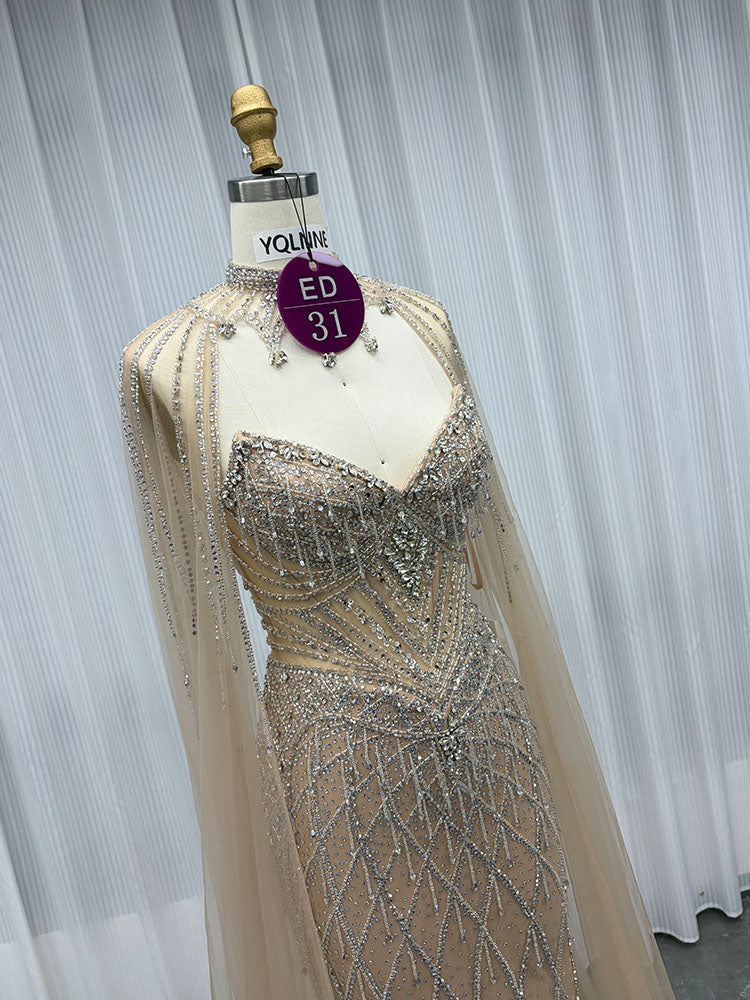 YQLNNE ED031 Gold Crystals Beaded Evening Dress With Shawl