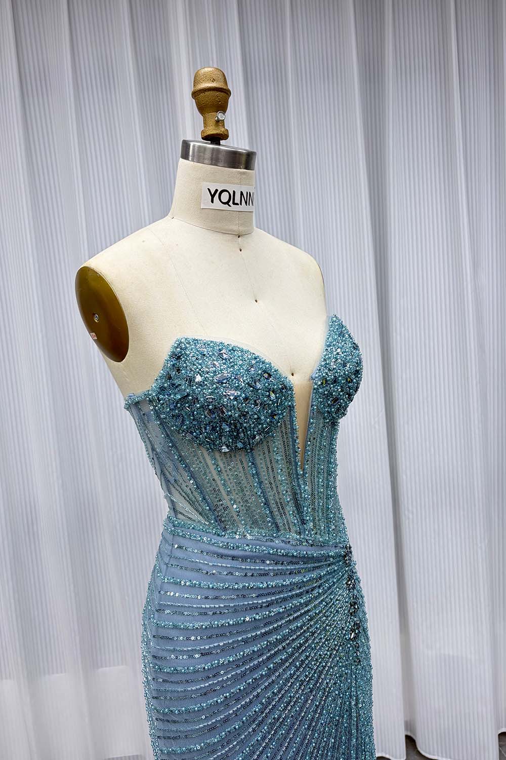 YQLNNE Sexy Strapless Beaded Long Prom Dresses With Slit