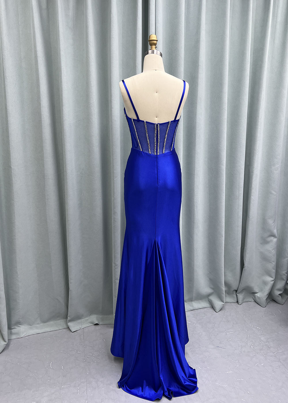 YQLNNE Royal Blue Rhinestones Long Slit Prom Dresses Satin Mermaid Beaded Formal Evening Party Gown