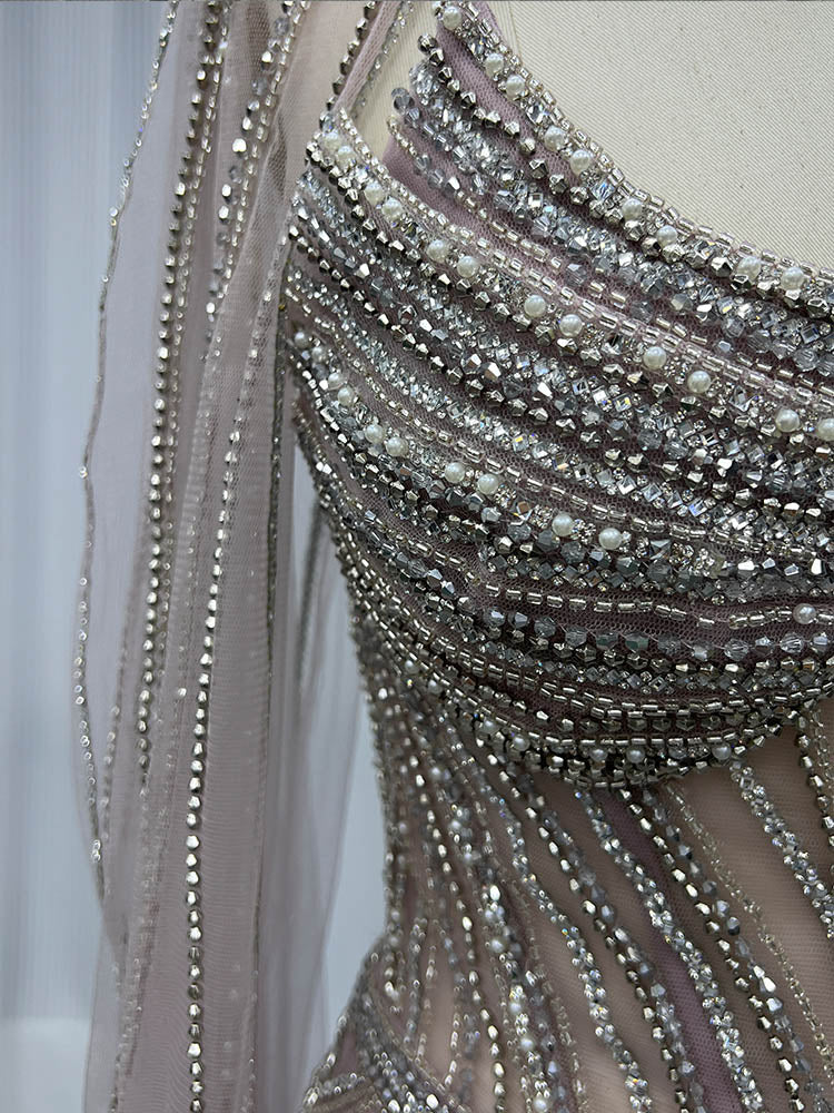 YQLNNE ED026 Silver Crystals Long Evening Dress Mermaid With Shawl