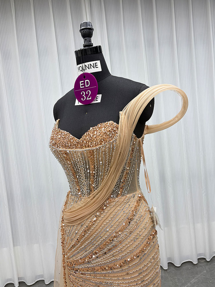 YQLNNE ED032 Luxury Gold One Shoulder Rhinestones Evening Dresses Rhinestones Mermaid Detachable Train