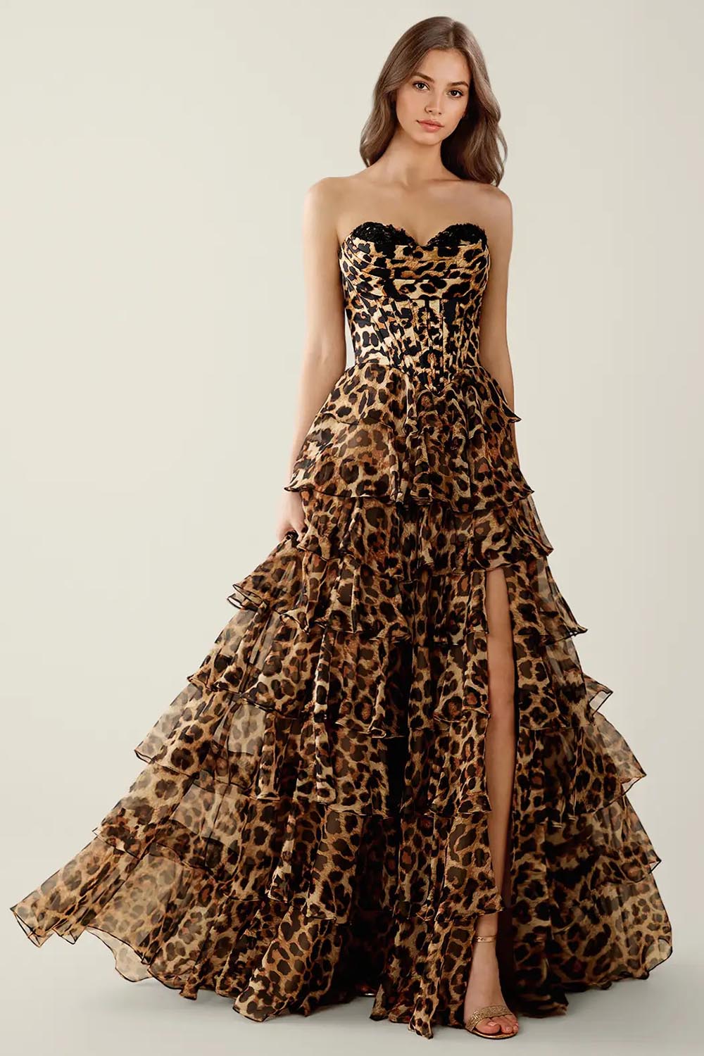 YQLNNE 079 Leopard Print Strapless Long Prom Dresses With Slit