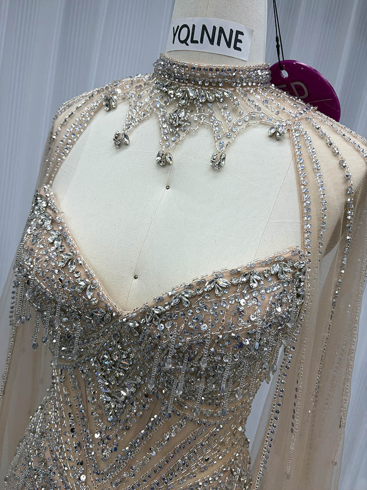 YQLNNE ED031 Gold Crystals Beaded Evening Dress With Shawl