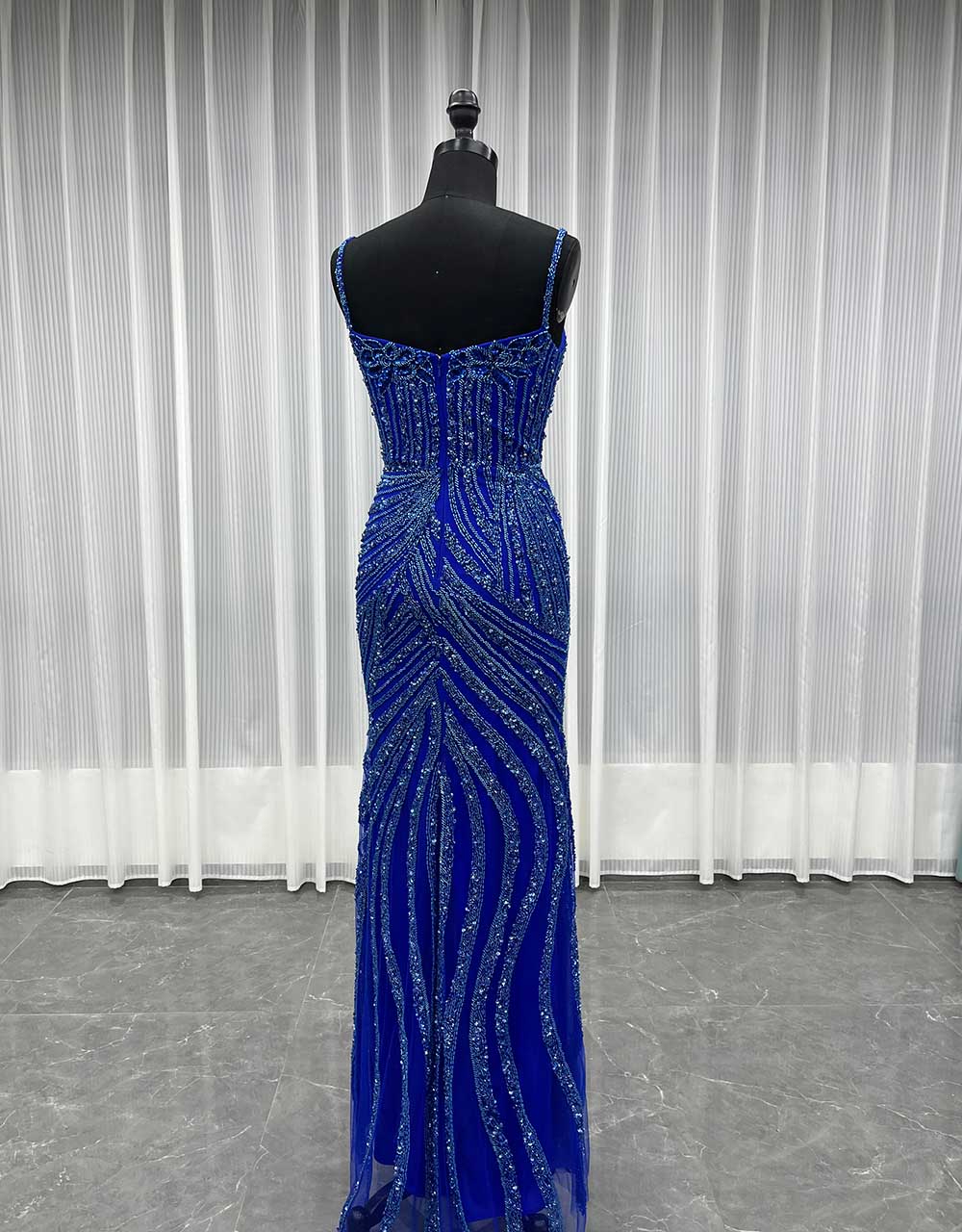 YQLNNE 032 Black Handmade Crystals Beaded Evening Dress Royal Blue